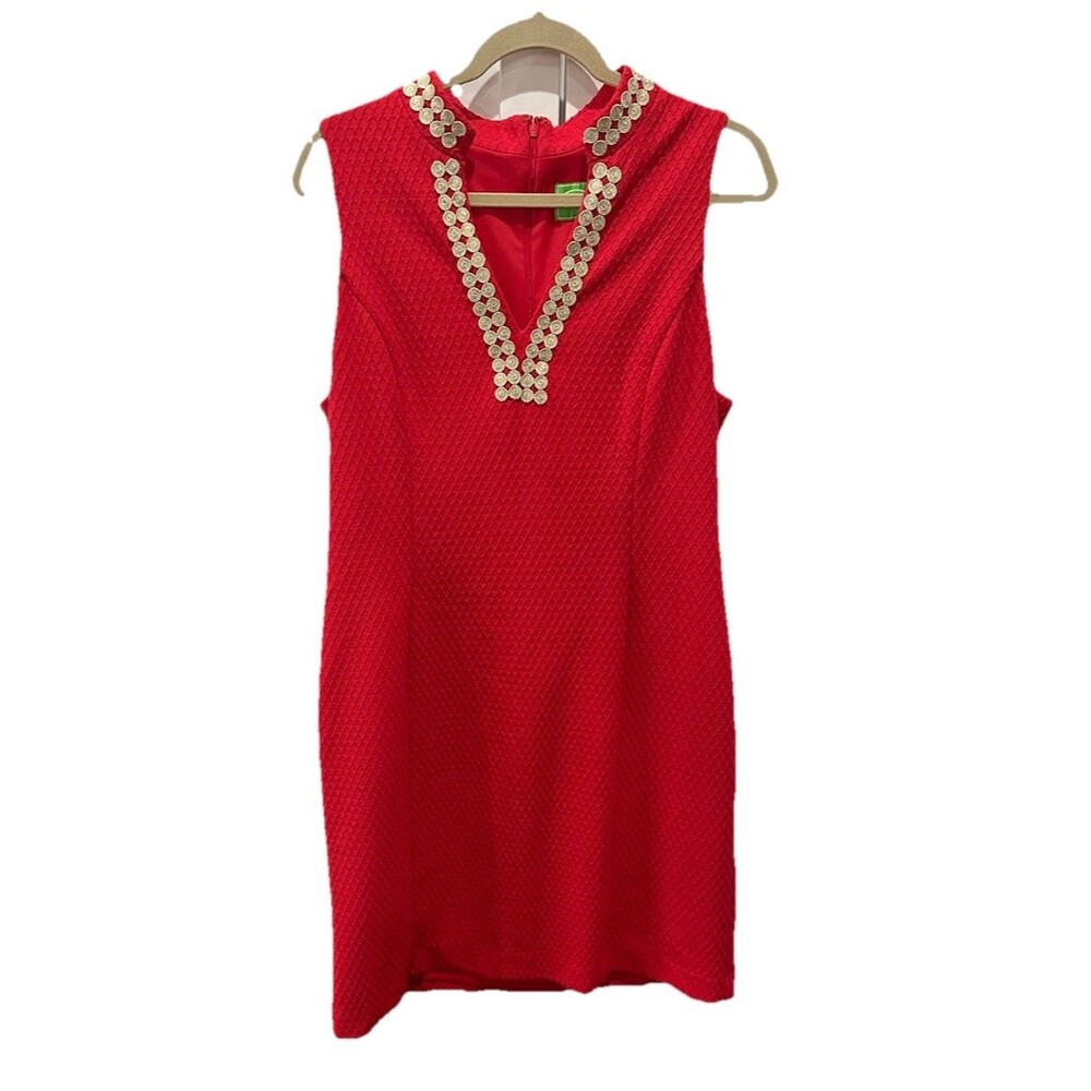 Cappagallo Dress Women's Size 12, Coral With beige Gold Trim Details sheath